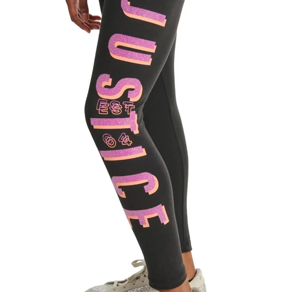 JUSTICE Graphic Leggings Glittery Logo Full Length GIRLS SIZE S 7-8 Black NEW
